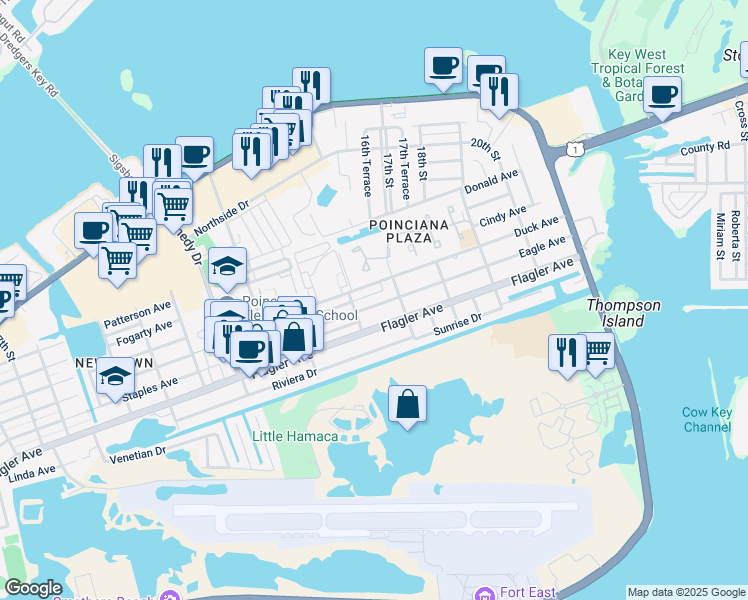 map of restaurants, bars, coffee shops, grocery stores, and more near 3409 Eagle Avenue in Key West