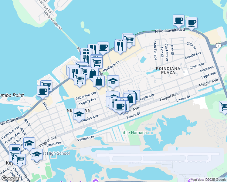 map of restaurants, bars, coffee shops, grocery stores, and more near 1407 Kennedy Drive in Key West