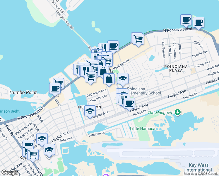 map of restaurants, bars, coffee shops, grocery stores, and more near 1111 12th Street in Key West