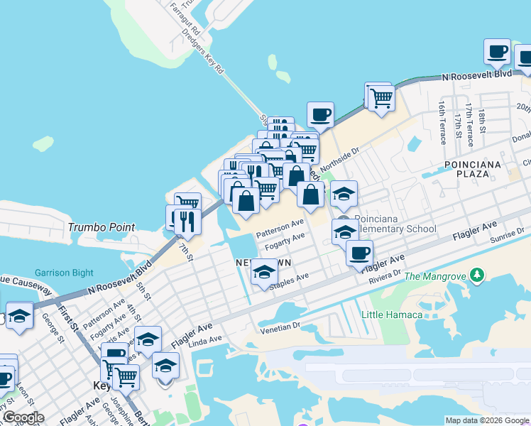 map of restaurants, bars, coffee shops, grocery stores, and more near 2766 North Roosevelt Boulevard in Key West
