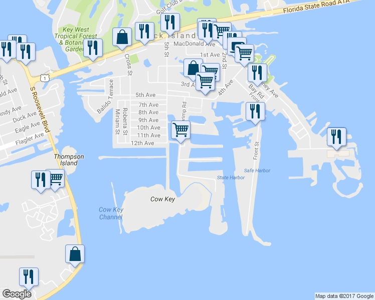 map of restaurants, bars, coffee shops, grocery stores, and more near 7009 Shrimp Road in Key West