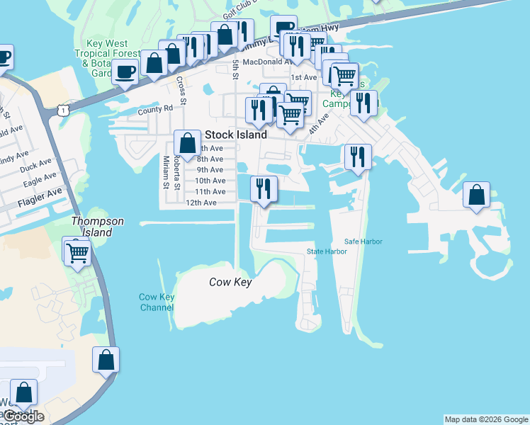 map of restaurants, bars, coffee shops, grocery stores, and more near 7009 Shrimp Road in Key West