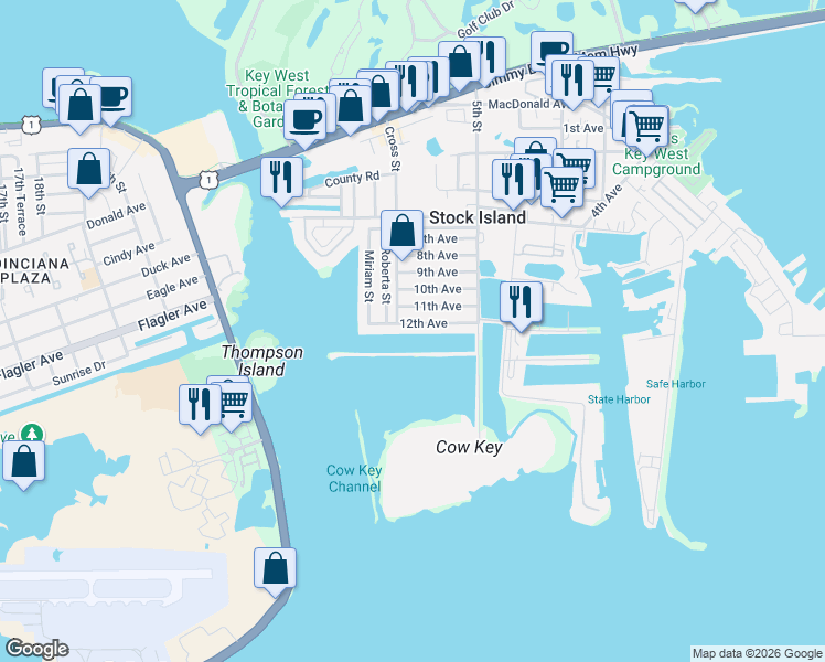 map of restaurants, bars, coffee shops, grocery stores, and more near 1E 11th Avenue in Stock Island