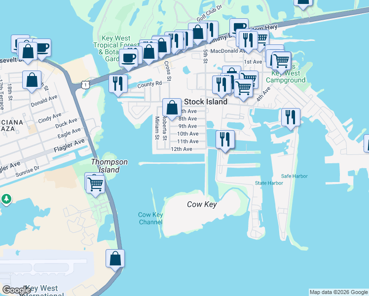map of restaurants, bars, coffee shops, grocery stores, and more near 12E 11th Avenue in Key West