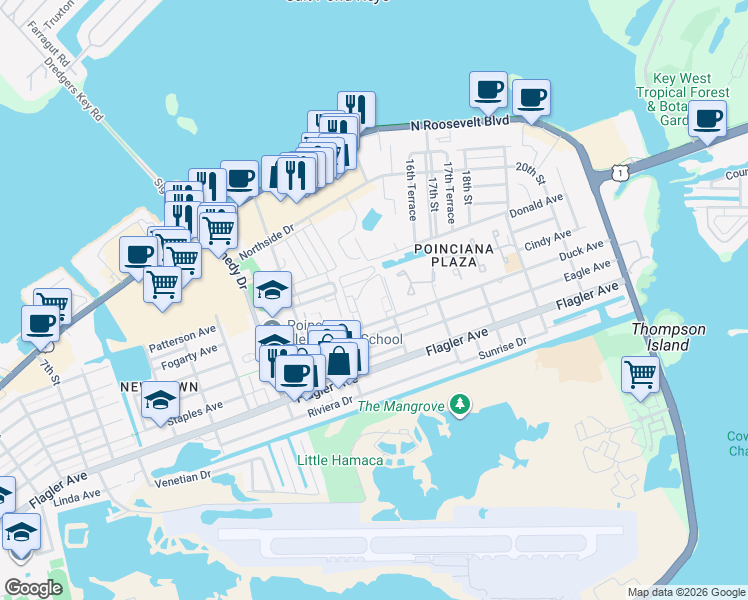 map of restaurants, bars, coffee shops, grocery stores, and more near 3333 Duck Avenue in Key West