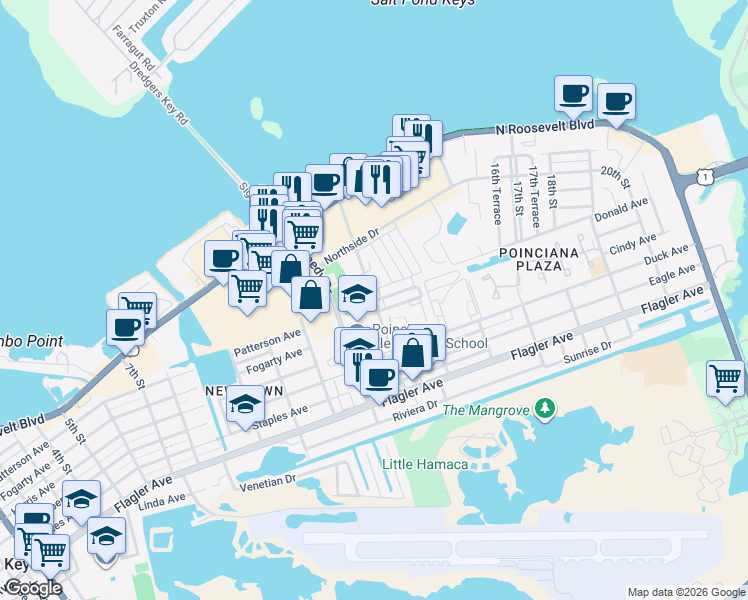map of restaurants, bars, coffee shops, grocery stores, and more near 14th Street in Key West