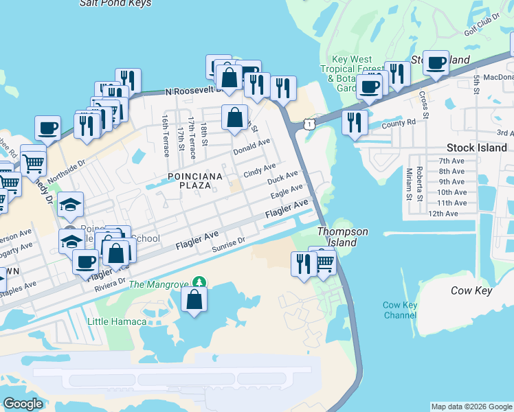 map of restaurants, bars, coffee shops, grocery stores, and more near 3702 Eagle Avenue in Key West