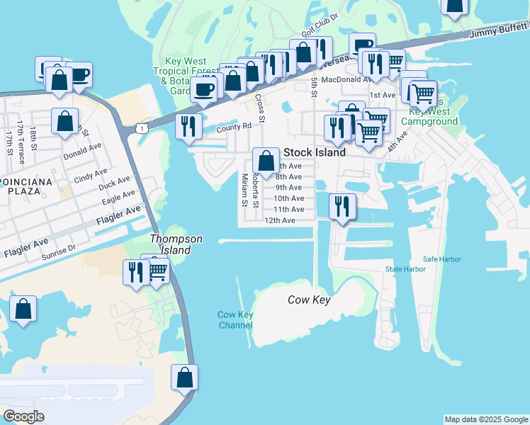 map of restaurants, bars, coffee shops, grocery stores, and more near 1E 11th Avenue in Stock Island