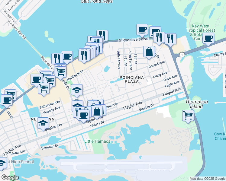 map of restaurants, bars, coffee shops, grocery stores, and more near 1619-1621 Truesdell Court in Key West