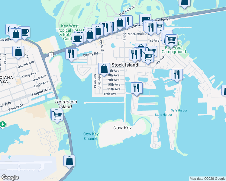 map of restaurants, bars, coffee shops, grocery stores, and more near 12E 11th Avenue in Key West