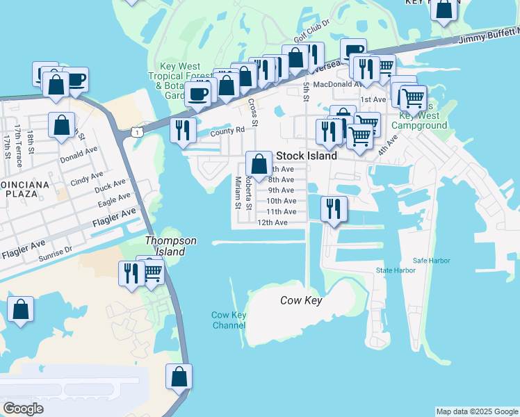map of restaurants, bars, coffee shops, grocery stores, and more near 1E 11th Avenue in Stock Island