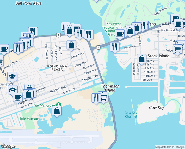 map of restaurants, bars, coffee shops, grocery stores, and more near 1416 20th Street in Key West