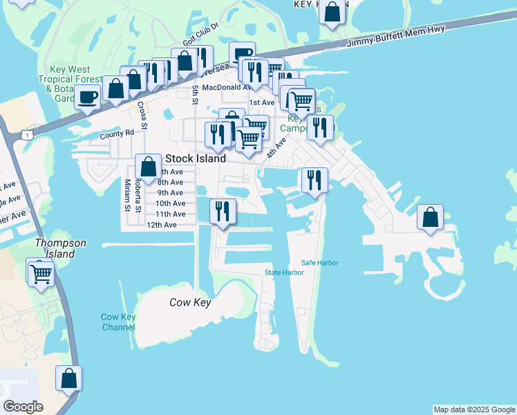 map of restaurants, bars, coffee shops, grocery stores, and more near 6801 Shrimp Road in Stock Island