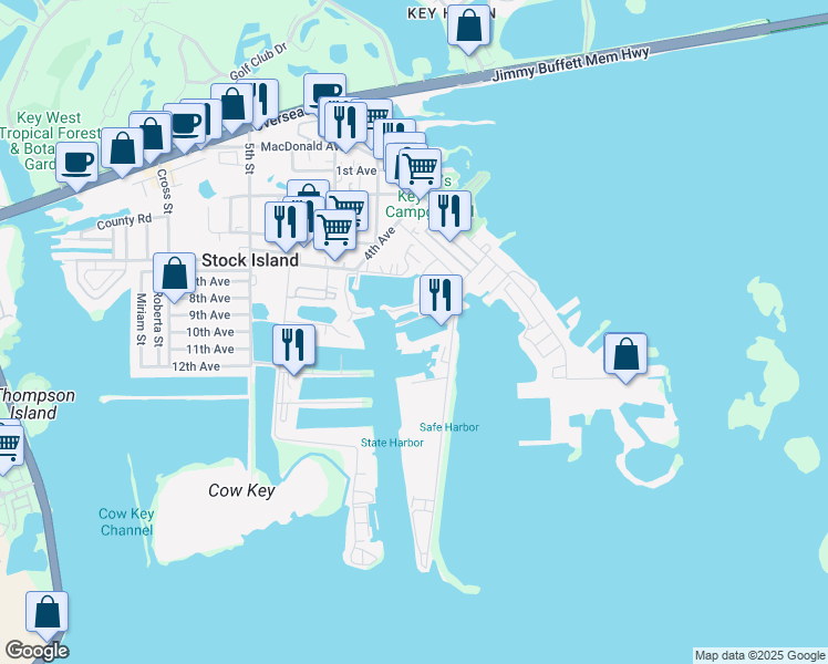 map of restaurants, bars, coffee shops, grocery stores, and more near 6810 Front St in Key West
