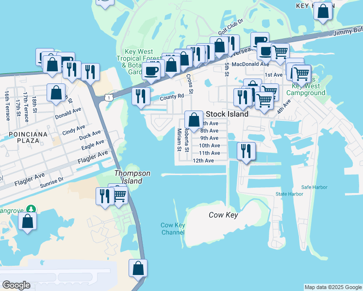 map of restaurants, bars, coffee shops, grocery stores, and more near 25H Miriam Street in Stock Island