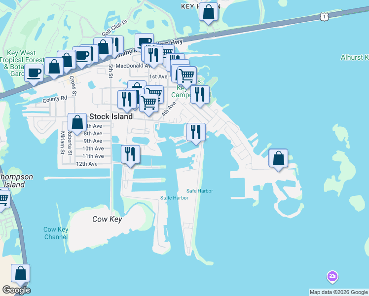 map of restaurants, bars, coffee shops, grocery stores, and more near 6810 Front St in Key West