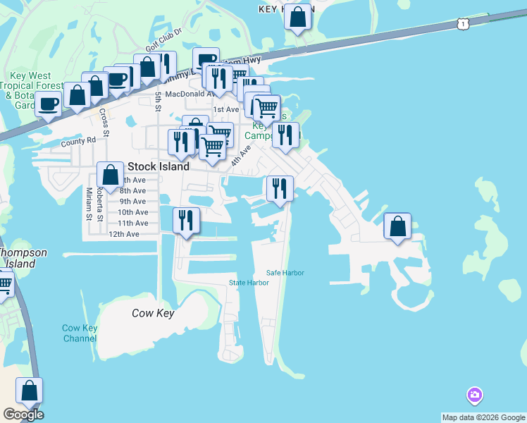 map of restaurants, bars, coffee shops, grocery stores, and more near 6810 Front St in Key West