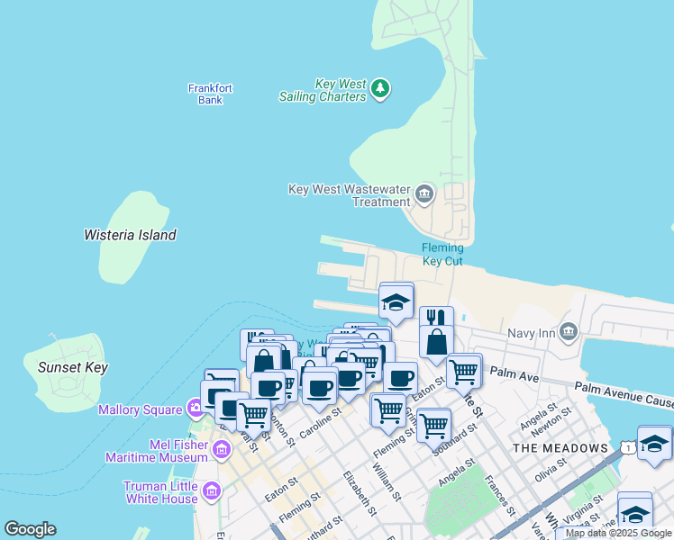map of restaurants, bars, coffee shops, grocery stores, and more near 100 Trumbo Road in Key West