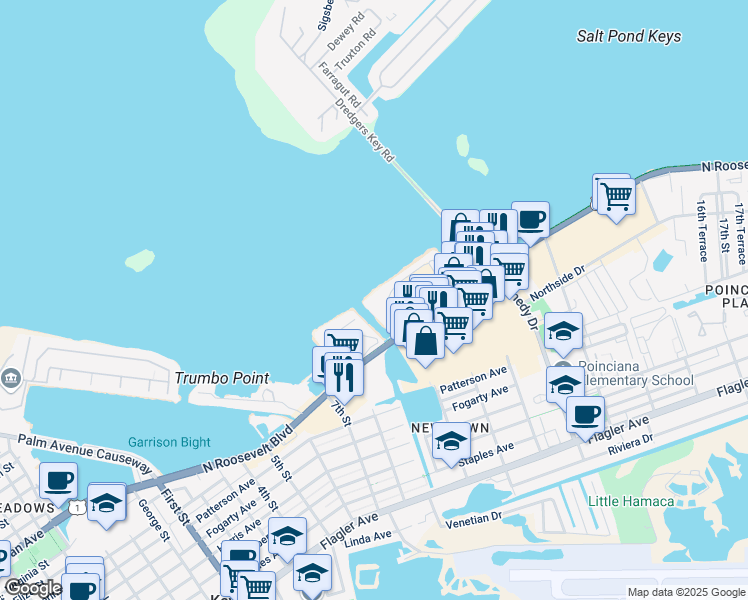 map of restaurants, bars, coffee shops, grocery stores, and more near 2801 North Roosevelt Boulevard in Key West