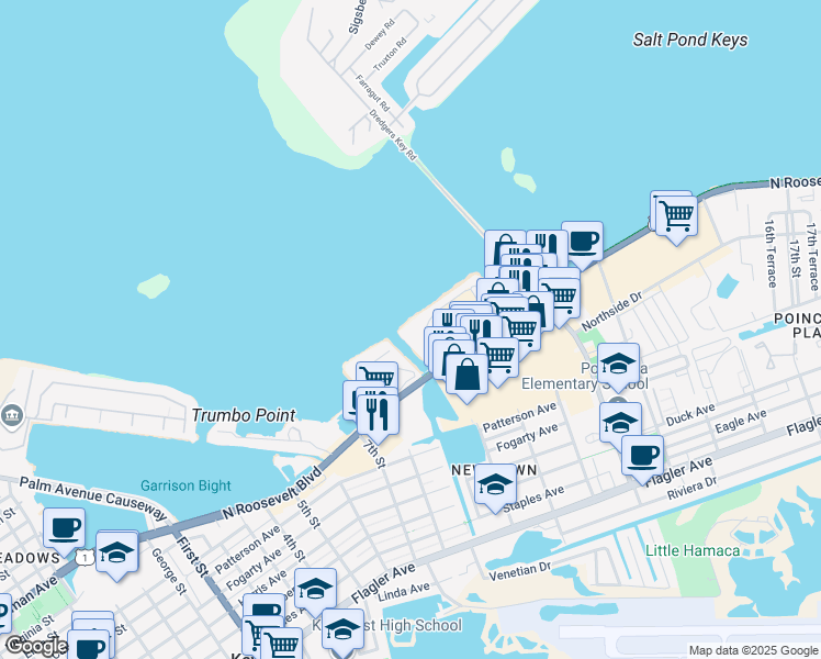 map of restaurants, bars, coffee shops, grocery stores, and more near 2801 North Roosevelt Boulevard in Key West