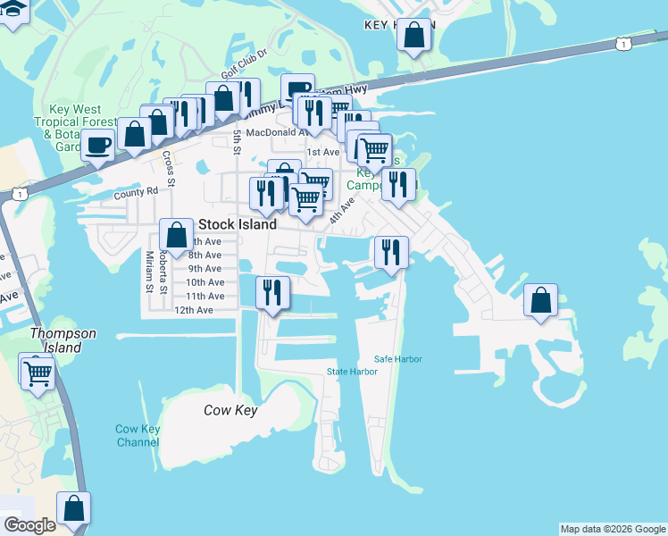 map of restaurants, bars, coffee shops, grocery stores, and more near 6801 Shrimp Road in Stock Island