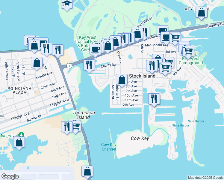 map of restaurants, bars, coffee shops, grocery stores, and more near 25H Miriam Street in Stock Island