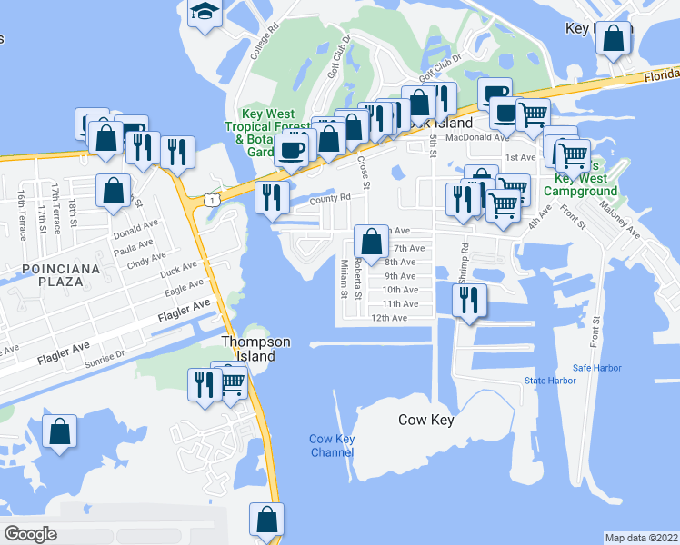 map of restaurants, bars, coffee shops, grocery stores, and more near 25H Miriam Street in Stock Island