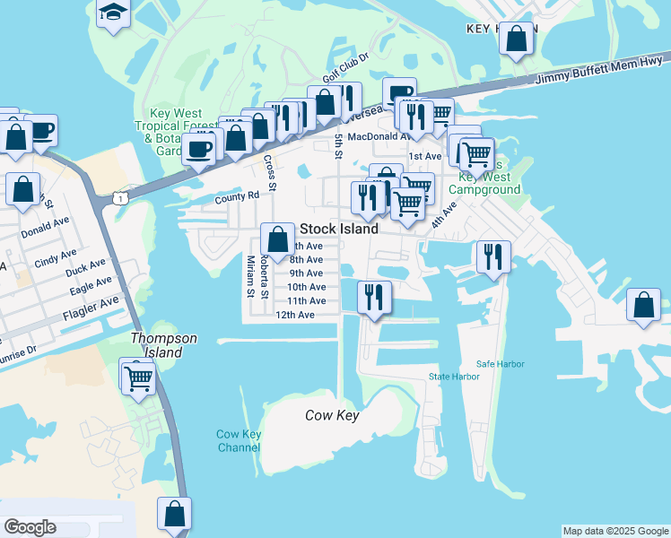 map of restaurants, bars, coffee shops, grocery stores, and more near 50B 9th Avenue in Stock Island