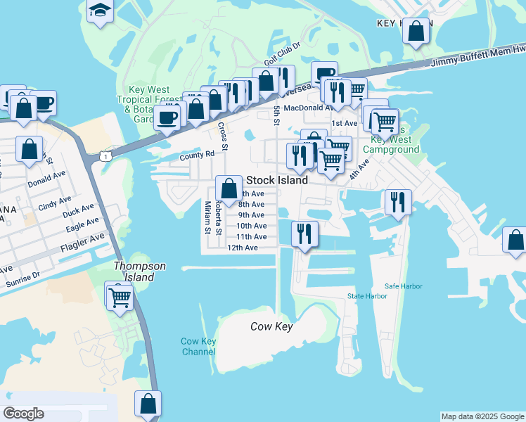 map of restaurants, bars, coffee shops, grocery stores, and more near 50B 9th Avenue in Stock Island
