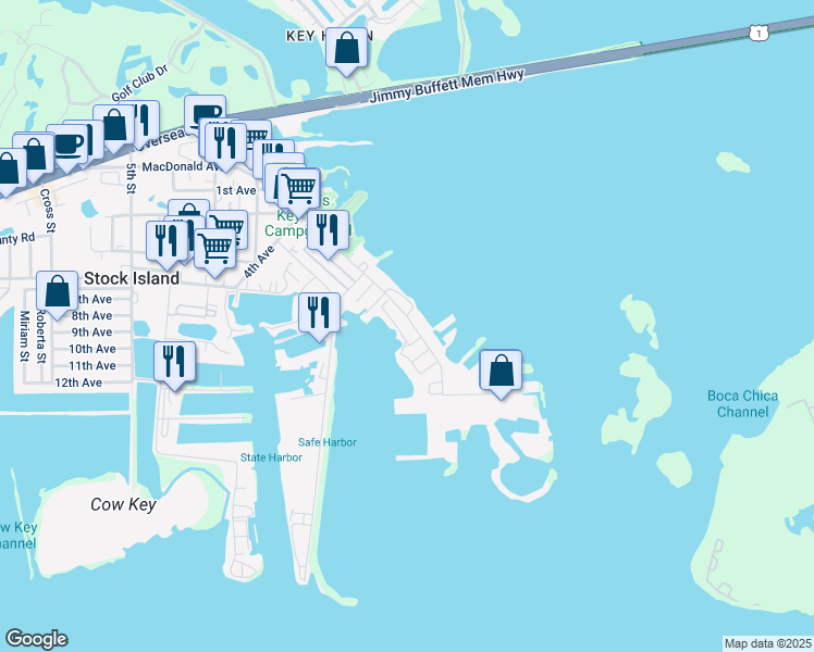 map of restaurants, bars, coffee shops, grocery stores, and more near 6800 Maloney Avenue in Key West