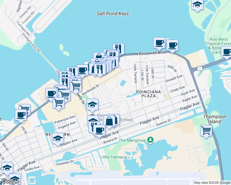 map of restaurants, bars, coffee shops, grocery stores, and more near 85 Glynn Archer Junior Drive in Key West