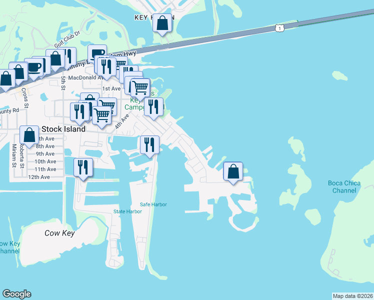 map of restaurants, bars, coffee shops, grocery stores, and more near 7 Maloney Avenue in Stock Island