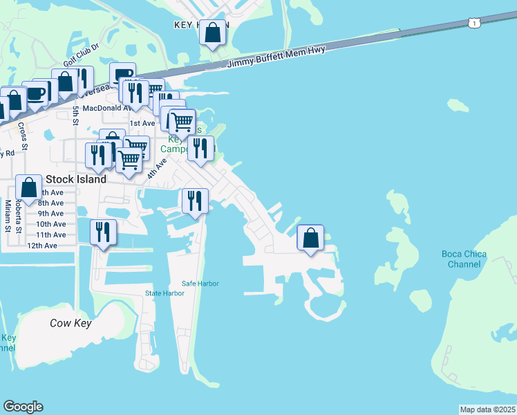 map of restaurants, bars, coffee shops, grocery stores, and more near 6631 Maloney Avenue in Key West