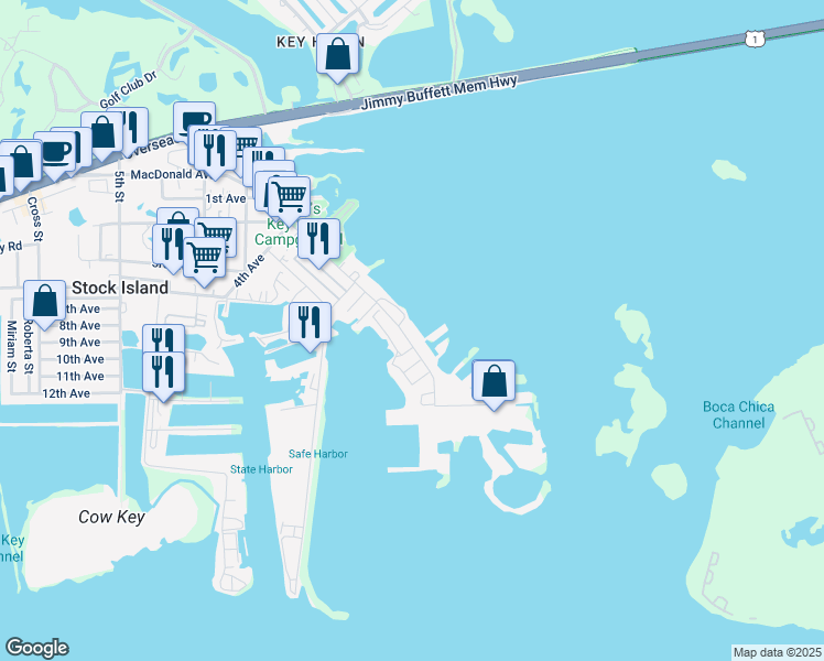 map of restaurants, bars, coffee shops, grocery stores, and more near 6631 Maloney Ave in Key West