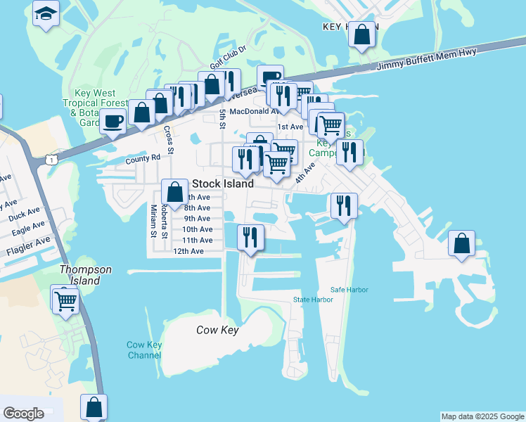 map of restaurants, bars, coffee shops, grocery stores, and more near 6701 Shrimp Road in Key West
