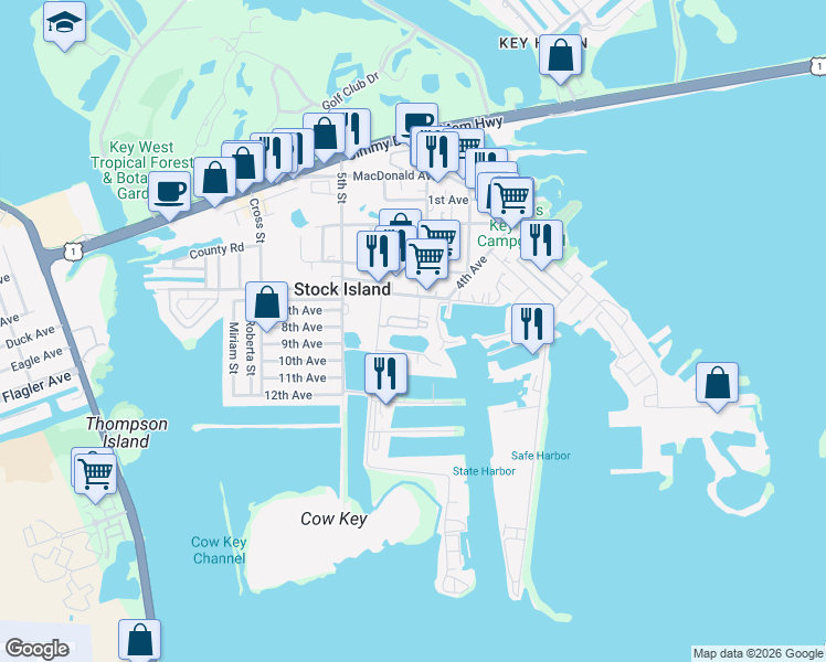 map of restaurants, bars, coffee shops, grocery stores, and more near 6701 Shrimp Road in Key West