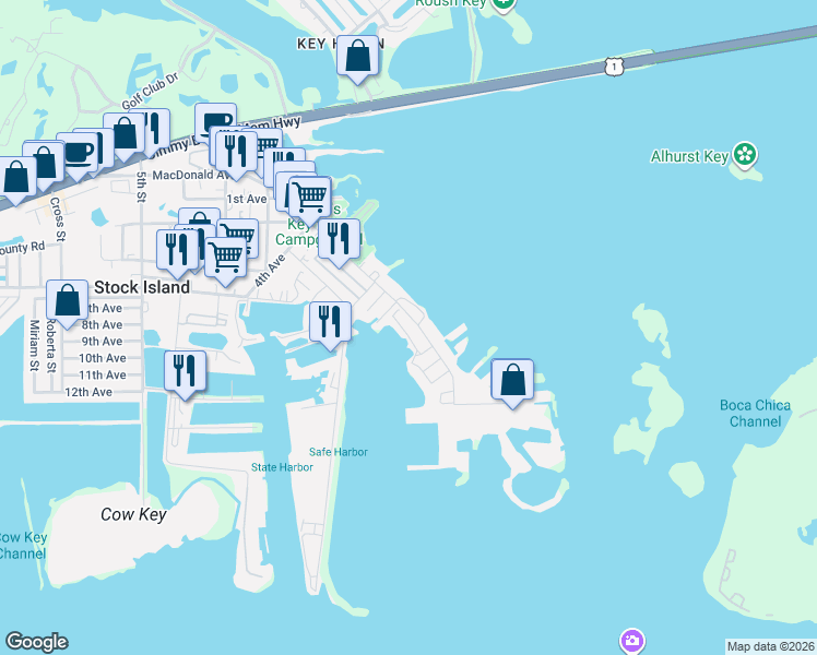 map of restaurants, bars, coffee shops, grocery stores, and more near 7 Maloney Avenue in Stock Island
