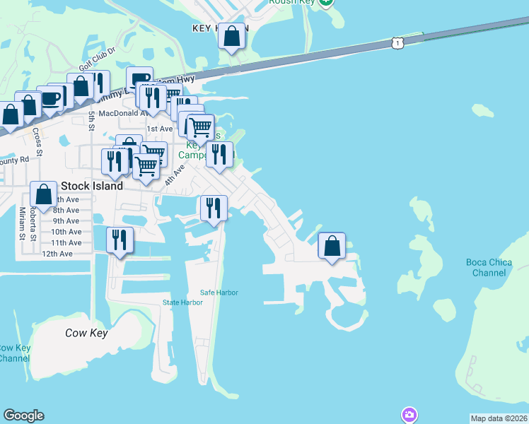 map of restaurants, bars, coffee shops, grocery stores, and more near 7 Maloney Avenue in Stock Island
