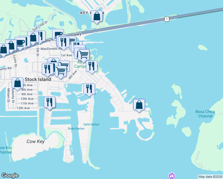 map of restaurants, bars, coffee shops, grocery stores, and more near 7 Maloney Avenue in Stock Island