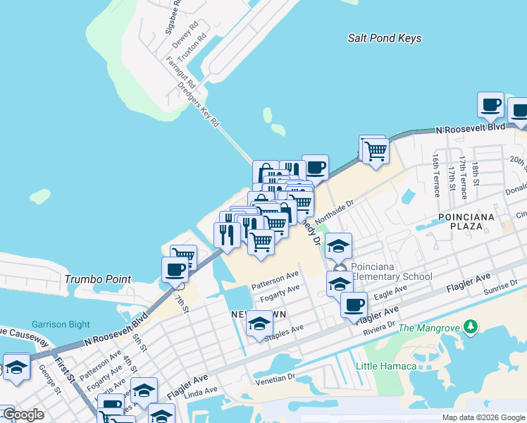 map of restaurants, bars, coffee shops, grocery stores, and more near in Key West