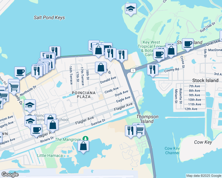 map of restaurants, bars, coffee shops, grocery stores, and more near 3727 Duck Avenue in Key West