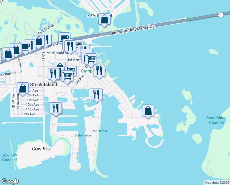 map of restaurants, bars, coffee shops, grocery stores, and more near 6621 Maloney Avenue in Key West