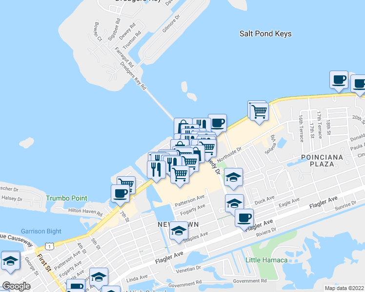 map of restaurants, bars, coffee shops, grocery stores, and more near 3031 North Roosevelt Boulevard in Key West