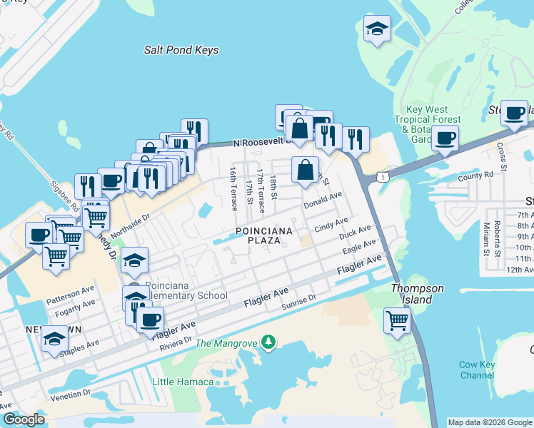 map of restaurants, bars, coffee shops, grocery stores, and more near 1117 17th Street in Key West
