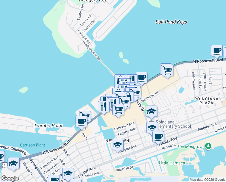 map of restaurants, bars, coffee shops, grocery stores, and more near 3031 North Roosevelt Boulevard in Key West