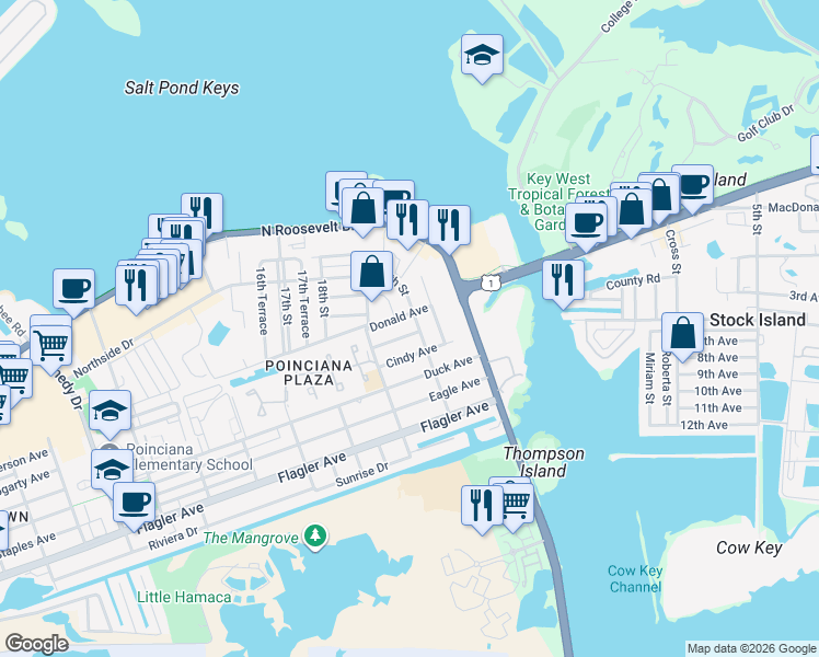 map of restaurants, bars, coffee shops, grocery stores, and more near 3743 Paula Avenue in Key West