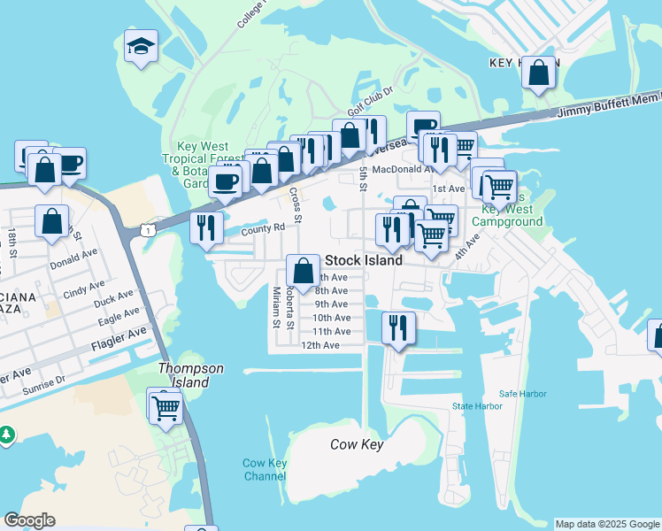 map of restaurants, bars, coffee shops, grocery stores, and more near 15 6th Avenue in Key West