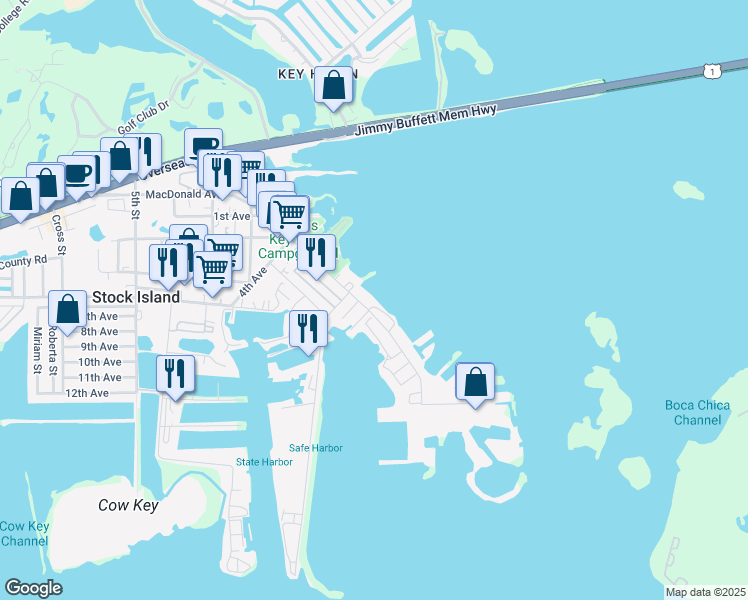 map of restaurants, bars, coffee shops, grocery stores, and more near 6621 Maloney Avenue in Key West