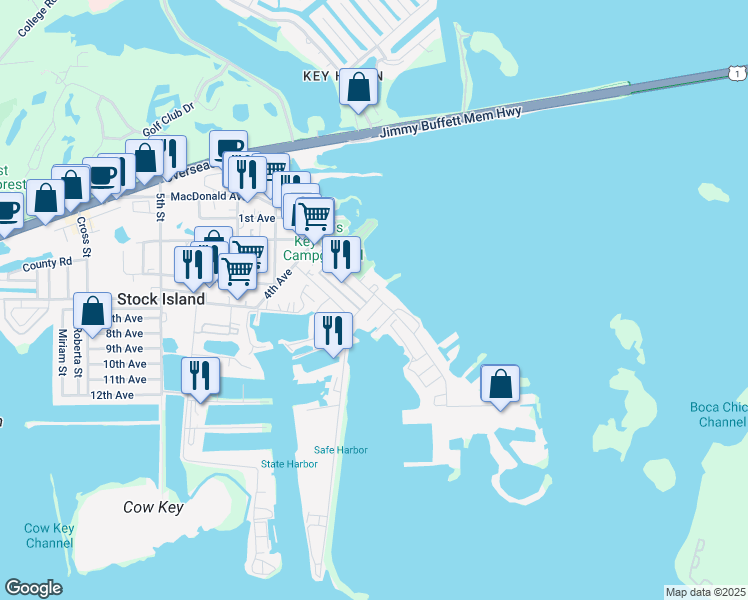 map of restaurants, bars, coffee shops, grocery stores, and more near 6620 Maloney Avenue in Key West