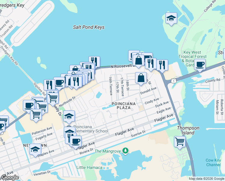 map of restaurants, bars, coffee shops, grocery stores, and more near 1114 16th Terrace in Key West